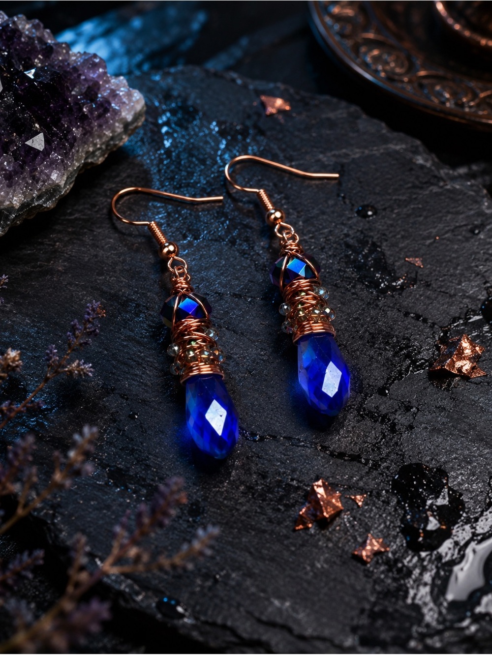 Blue Austrian Crystal Hammered Copper Chaos Wrapped Earrings Artisan Designed - Picture 5 of 17